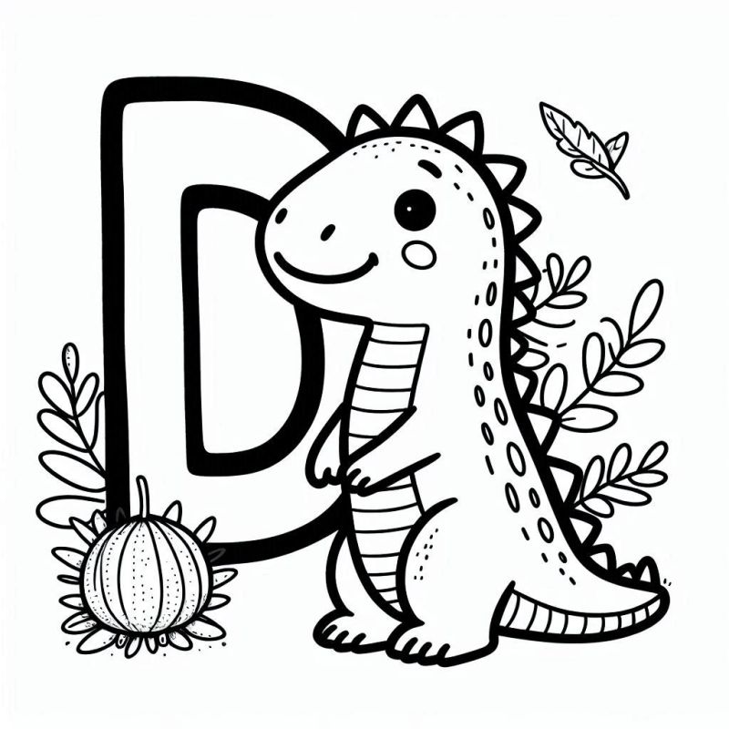 Desenho da Letra D com Dinossauro para Colorir