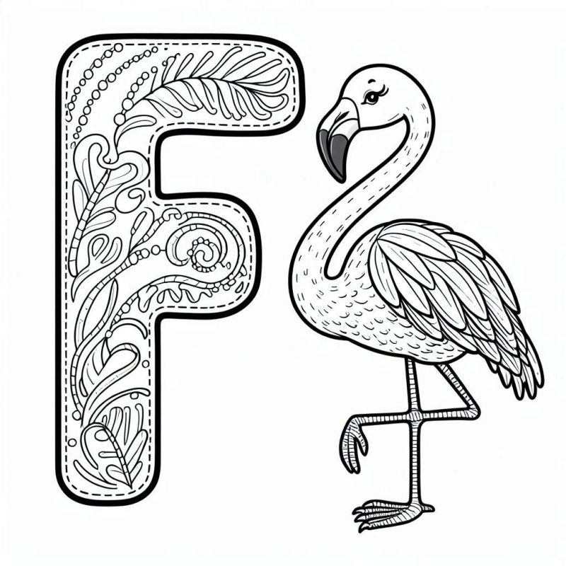 Desenho da Letra F com Flamingo para Colorir