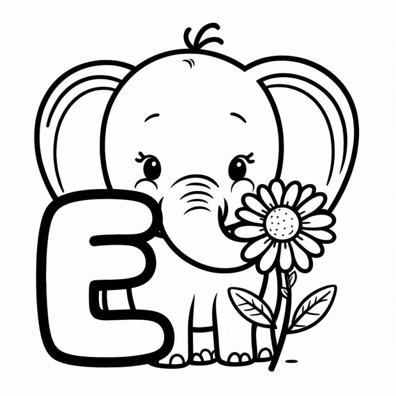 Desenho da Letra E com Elefante e Flor para Colorir