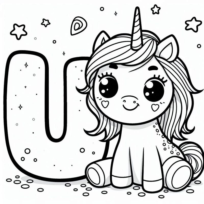 Desenho para Colorir: Unicórnio Infantil e Letra U