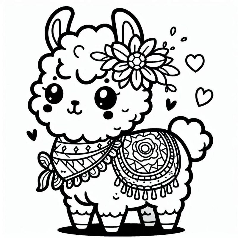 Desenho para colorir de uma lhama estilizada no estilo kawaii, com detalhes fofos e encantadores.