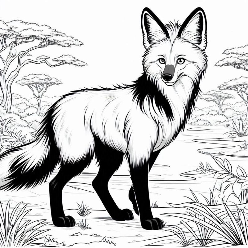 Desenho detalhado de lobo-guará para colorir, com cenário do Pantanal.