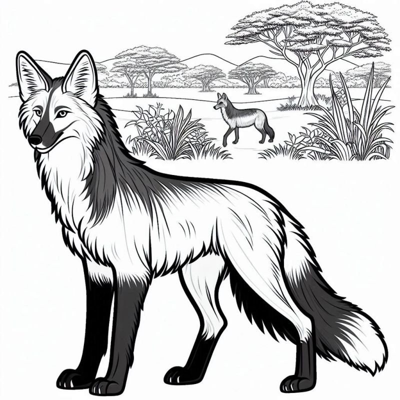 Desenho detalhado do lobo-guará no Pantanal para colorir em preto e branco