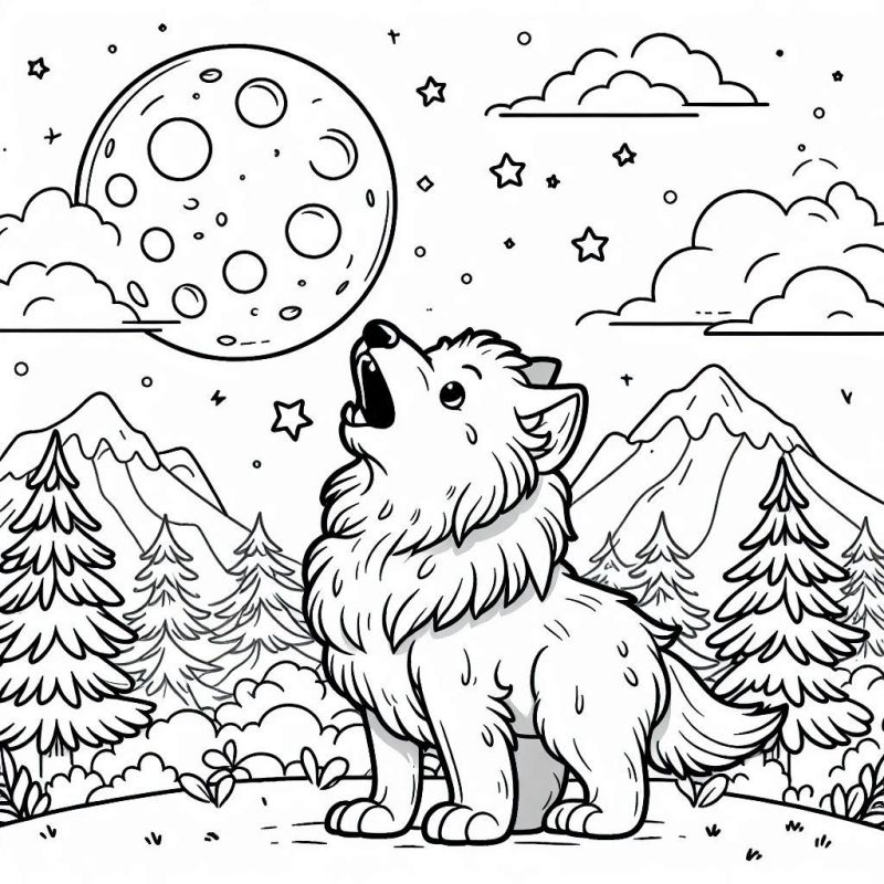 Desenho de lobo uivando na lua cheia em uma floresta para colorir