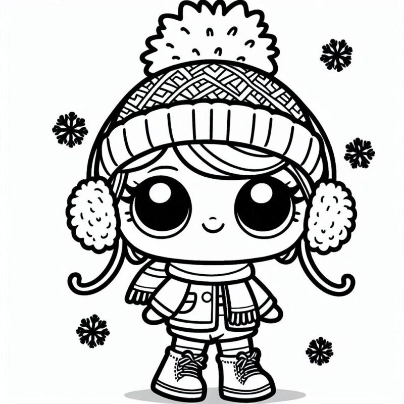 Desenho da boneca LOL preparada para o inverno, com gorro, protetores de orelha, cachecol e casaco grosso para colorir