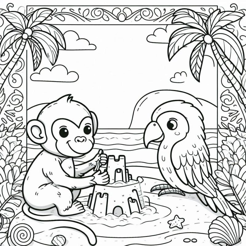 Desenho para colorir de um macaquinho e uma arara na praia