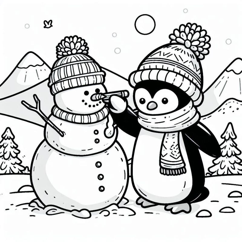 Pinguim e Boneco de Neve: Um Desenho Divertido para Colorir