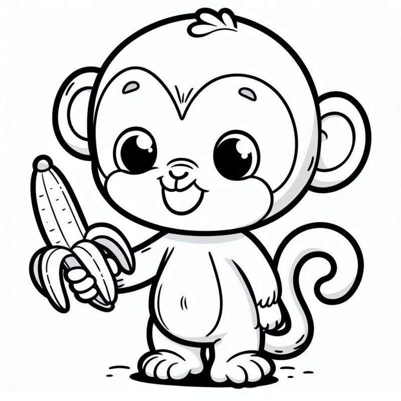 Desenho Fofo de Macaco Segurando Banana para Colorir