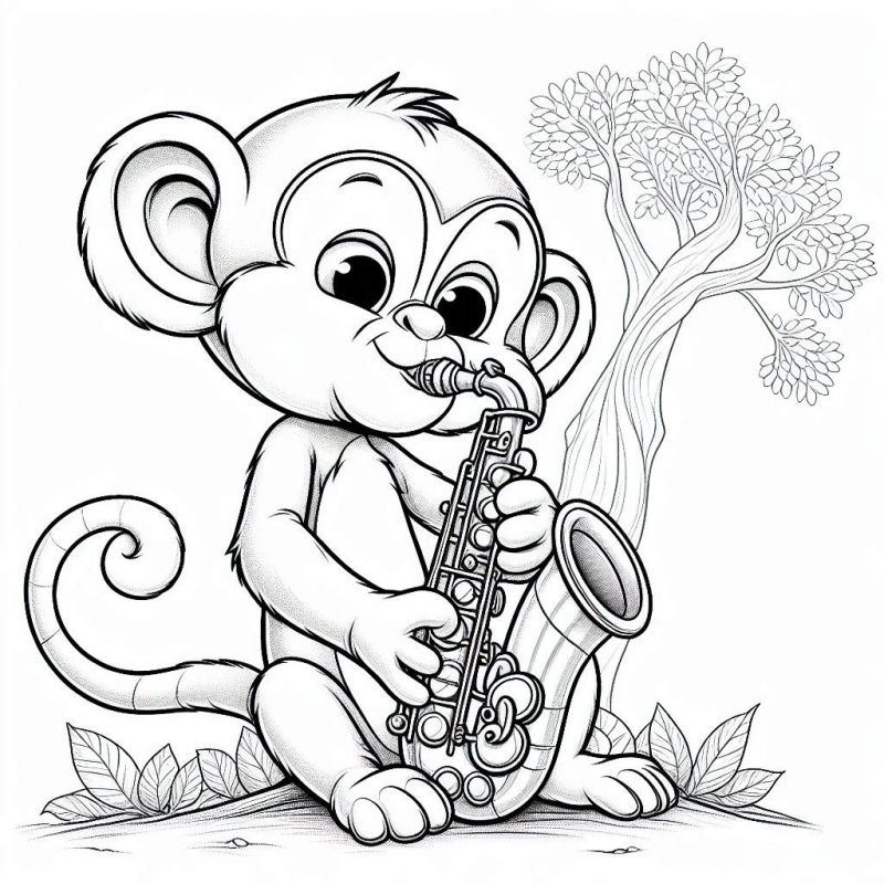 Macaquinho tocando saxofone em um desenho para colorir