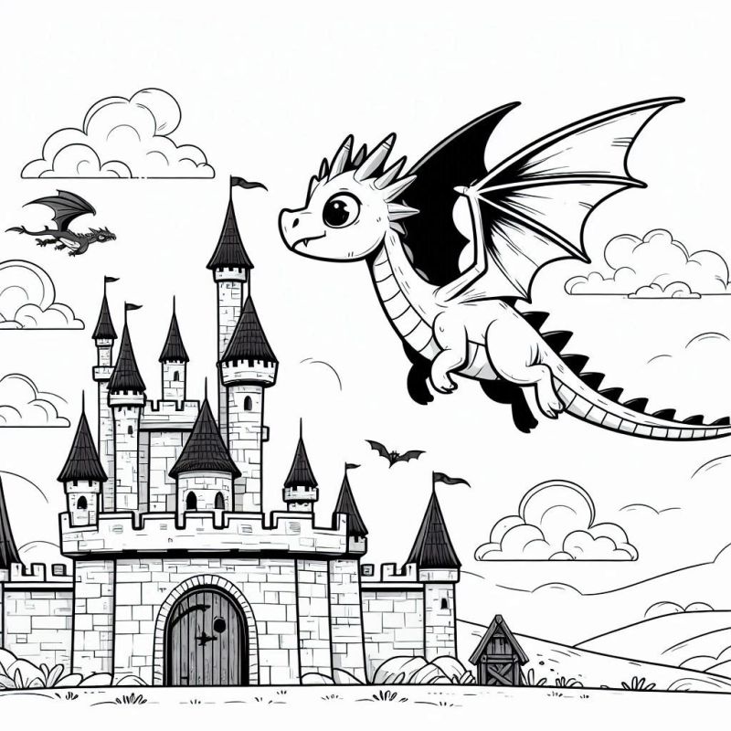 Desenho Mágico de Castelo com Dragões para Colorir