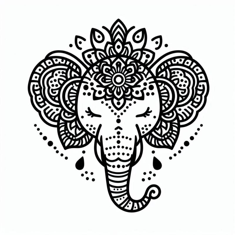 Mandala com elefante estilizado para colorir com padrões detalhados e ornamentais.