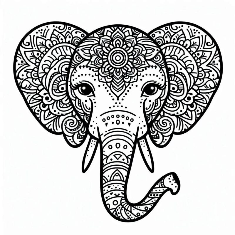 Desenho detalhado de mandala de elefante para colorir