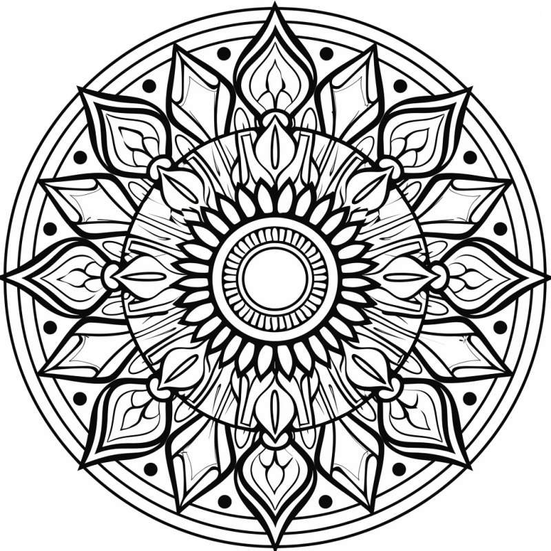 Desenho de mandala intricada para colorir, com detalhes ornamentais e simétricos.