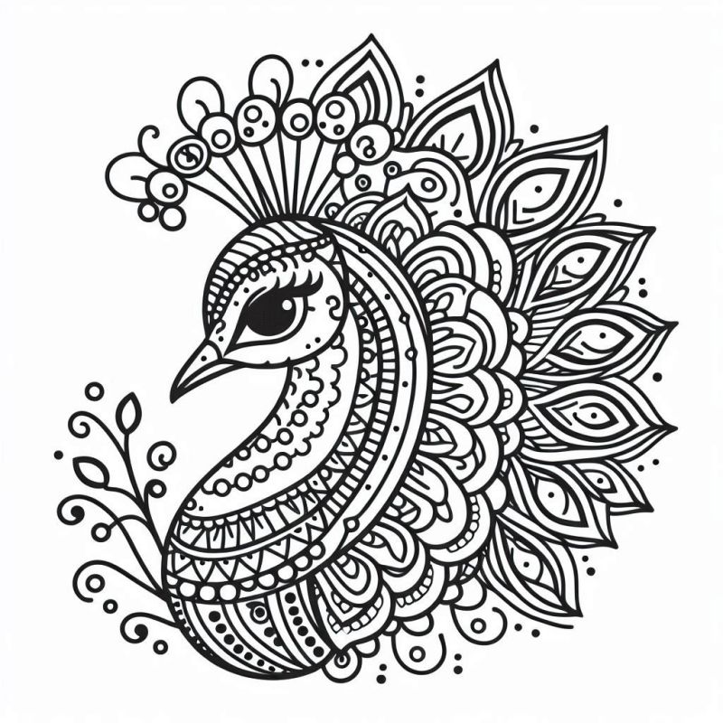 Desenho detalhado de mandala de pavão para colorir