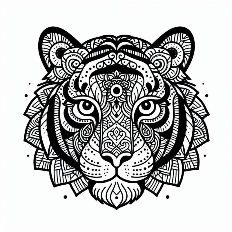 Mandala Intrincada do Rosto de um Tigre para Colorir