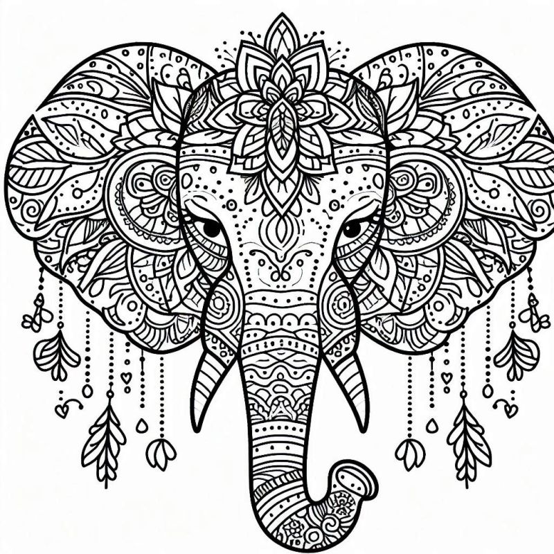 Desenho de mandala com rosto de elefante detalhado para colorir