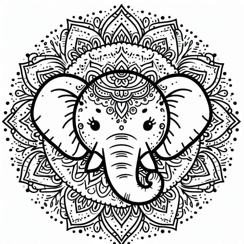 Desenho de mandala de elefante detalhado para colorir