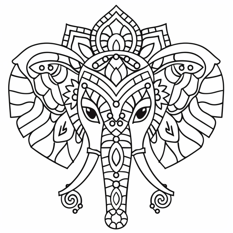 Desenho de uma mandala detalhada representando a cabeça de um elefante para colorir