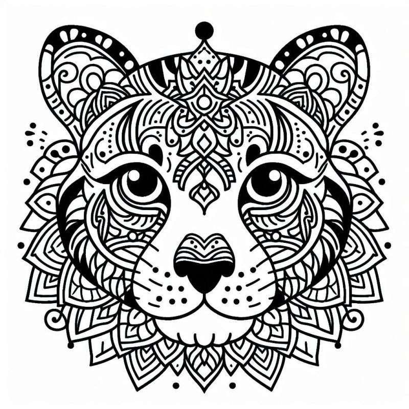 Desenho de mandala de animal com rosto detalhado para colorir