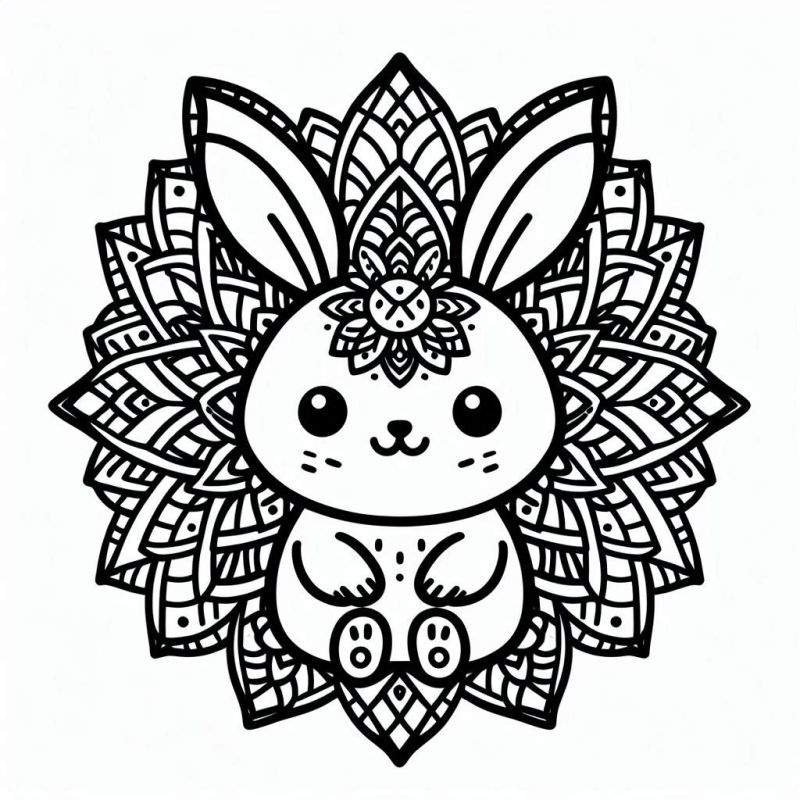 Desenho de Mandala com Coelhinho Fofo para Colorir