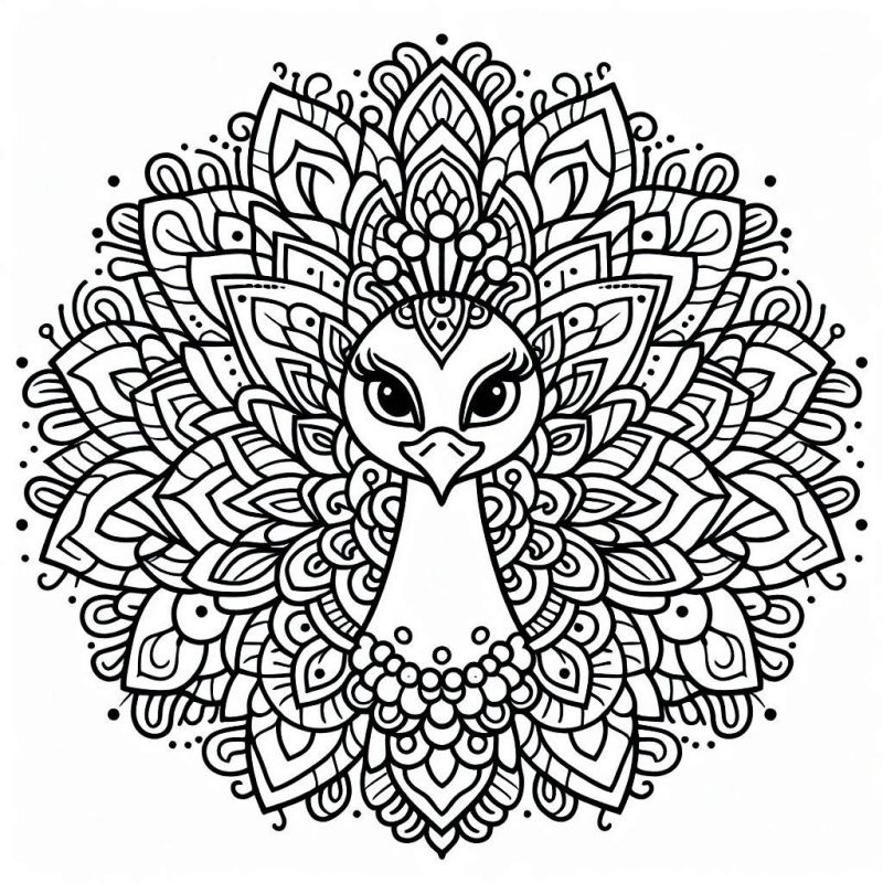 Mandala detalhada de pavão para colorir