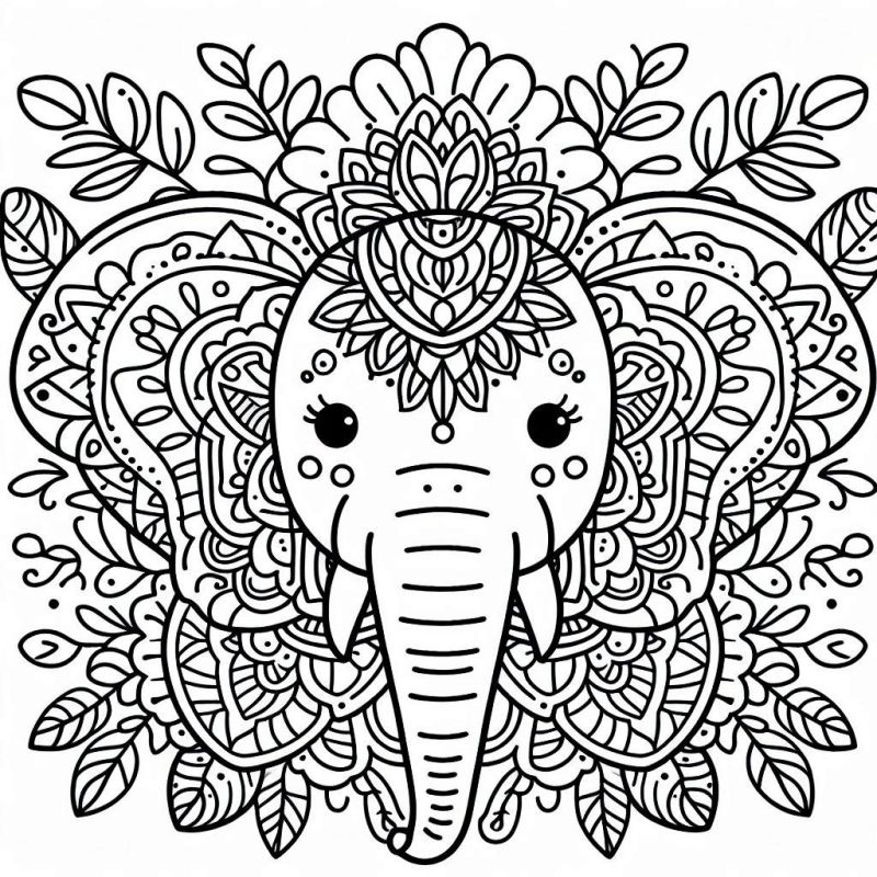 Desenho de mandala com elefante estilizado para colorir