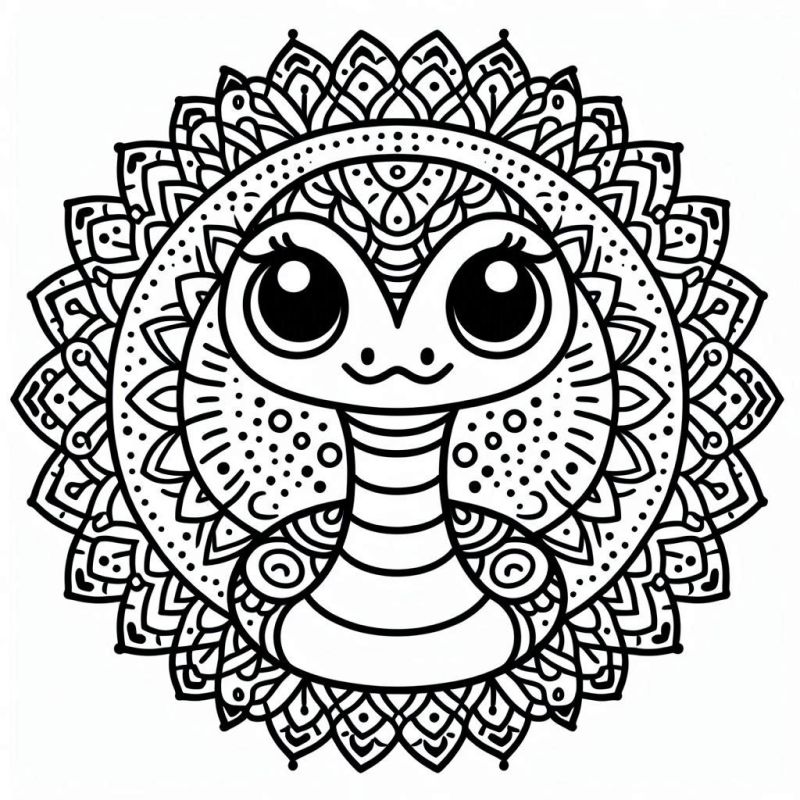 Desenho de mandala de cobra amigável para colorir