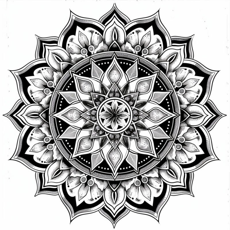 Desenho detalhado de mandala com padrões geométricos e florais intricados para colorir