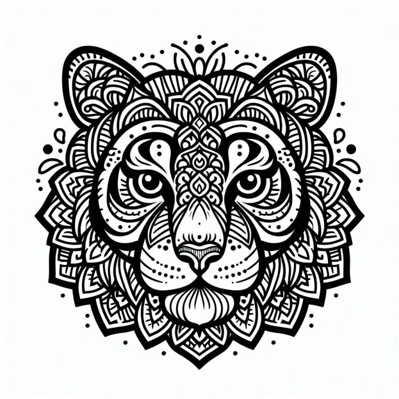 Desenho de mandala detalhada com o rosto de um tigre para colorir