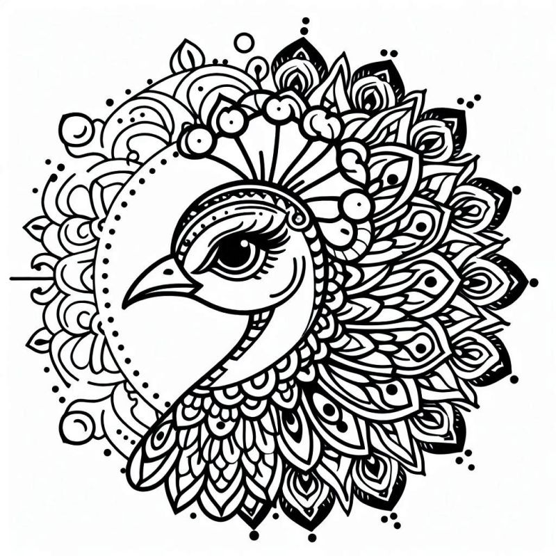 Mandala Intricada de Cabeça de Pavão para Colorir