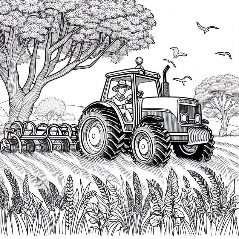 Desenho de Trator em Cenário Agrícola para Colorir