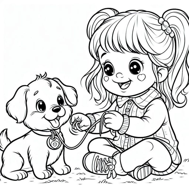 Menina brincando com cachorrinho desenho para colorir