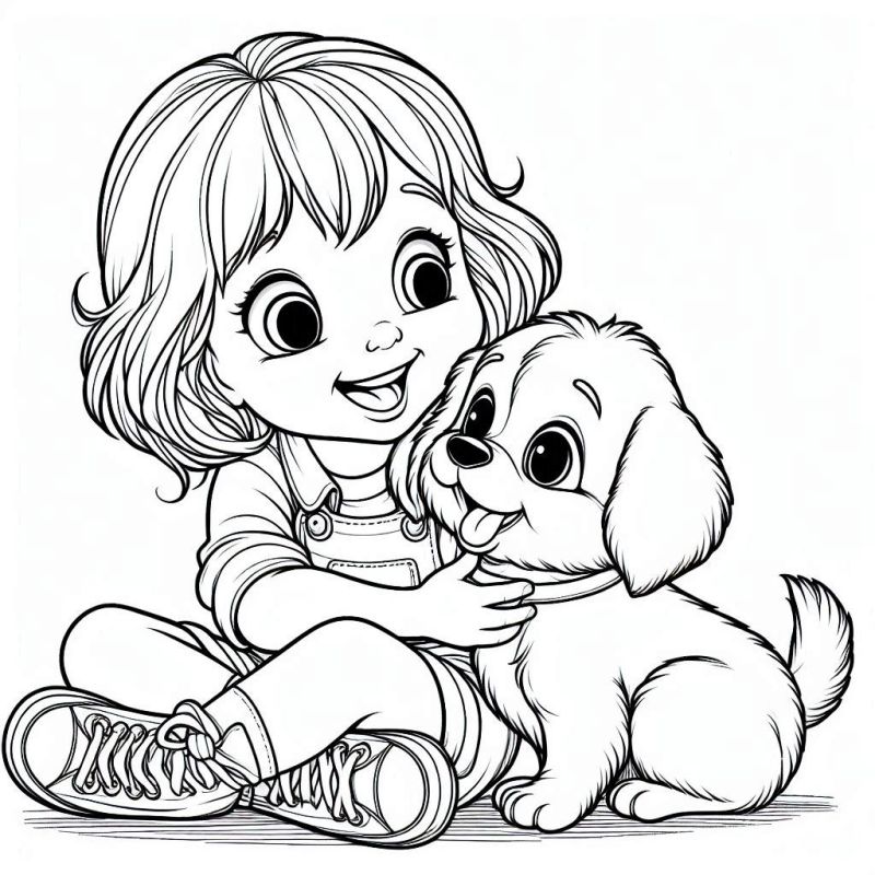 Desenho detalhado de uma menina sorrindo e interagindo com um filhote de cachorro para colorir