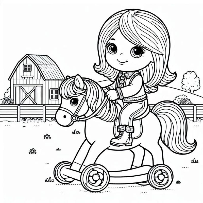 Desenho de Menina no Cavalo Brinquedo no Celeiro para Colorir