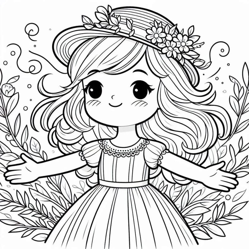 Desenho de Menina Fofa com Chapéu Florido para Colorir