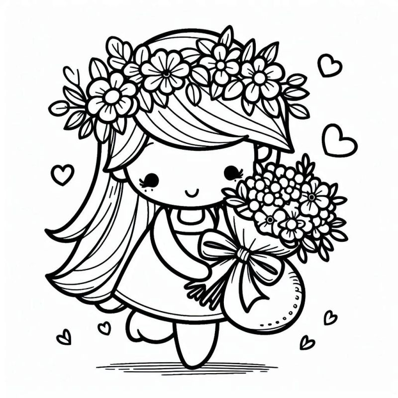 Desenho adorável de menina chibi feliz com coroa de flores para colorir