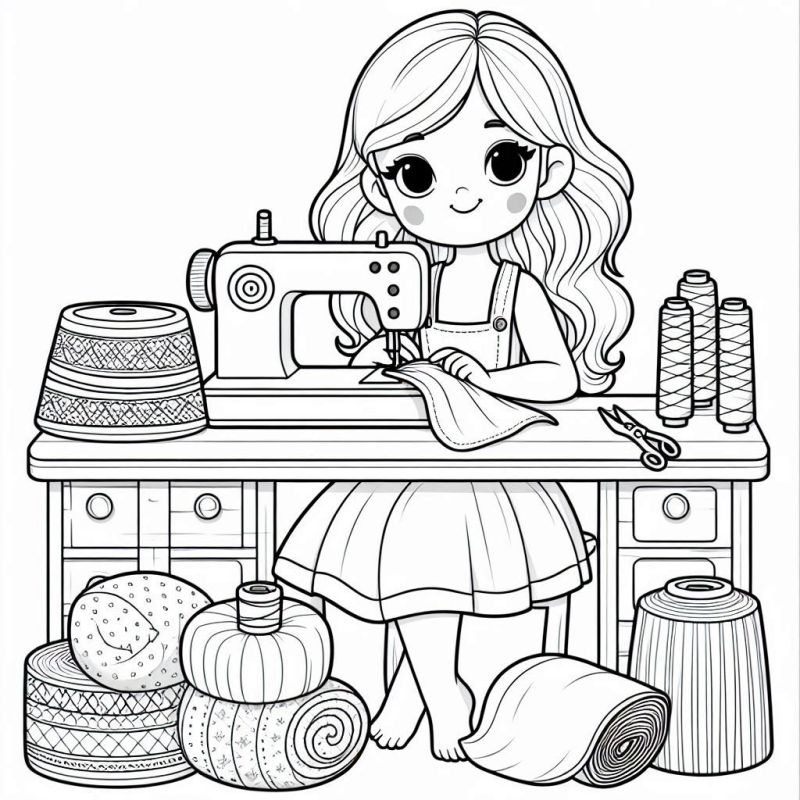 Desenho de Menina Costurando para Colorir