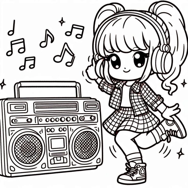 Menina dançando com fones de ouvido e boombox para colorir