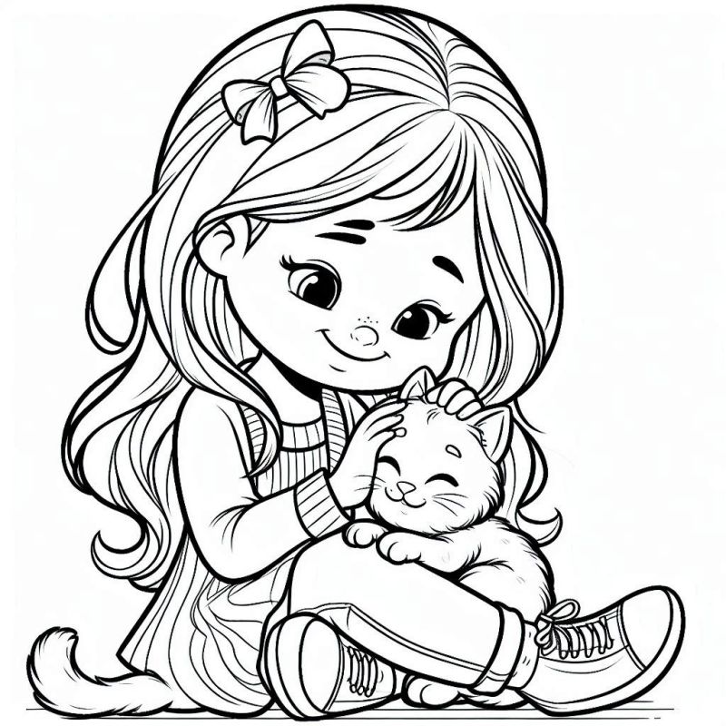 Desenho de Menina com Gato de Estimação para Colorir