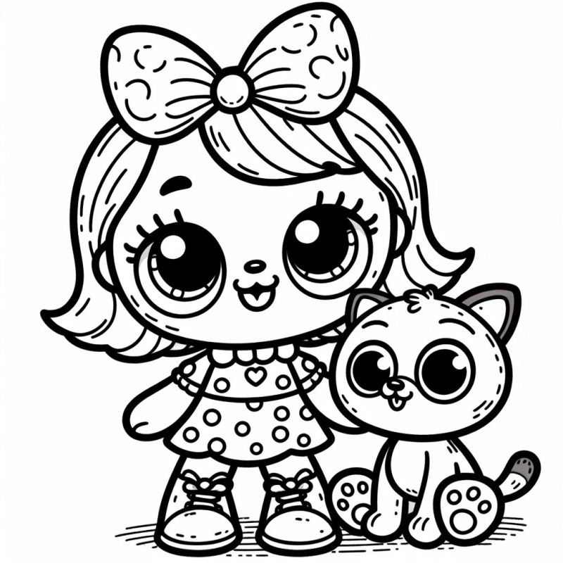 Desenho para colorir de menina e gato fofos, ideal para meninas.