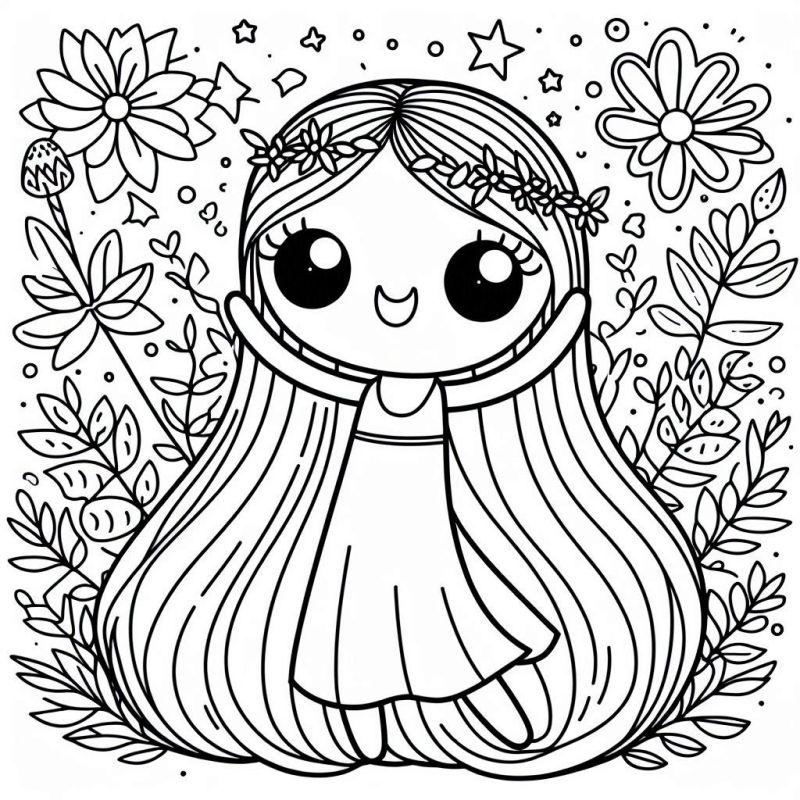 Desenho de Menina Fofa com Coroa de Flores para Colorir