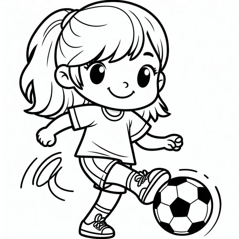 Desenho para Colorir: Menina Praticando Futebol