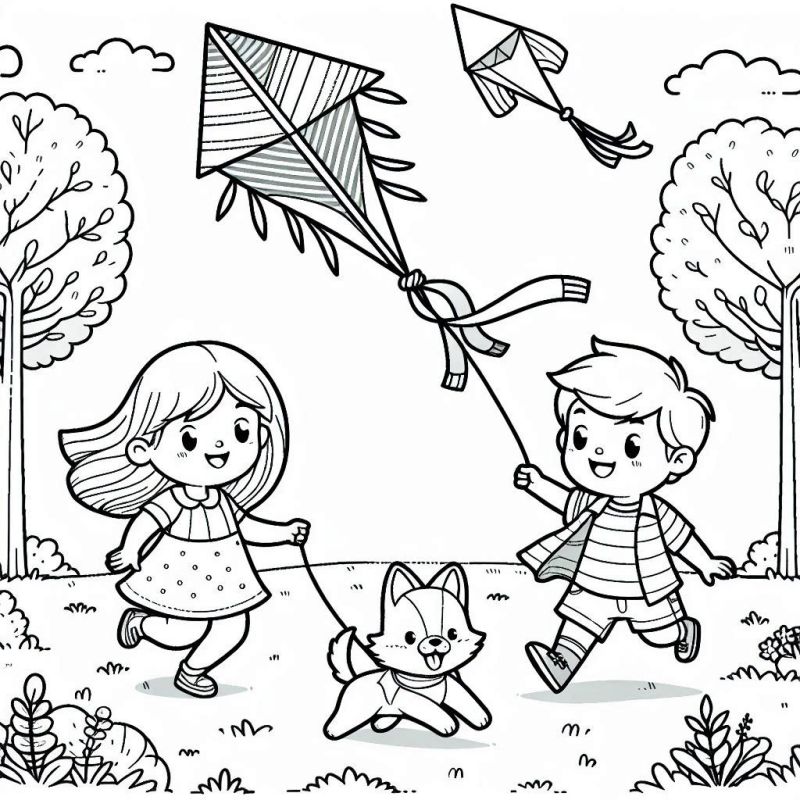 Desenho para Colorir de Crianças com Cachorro e Pipa