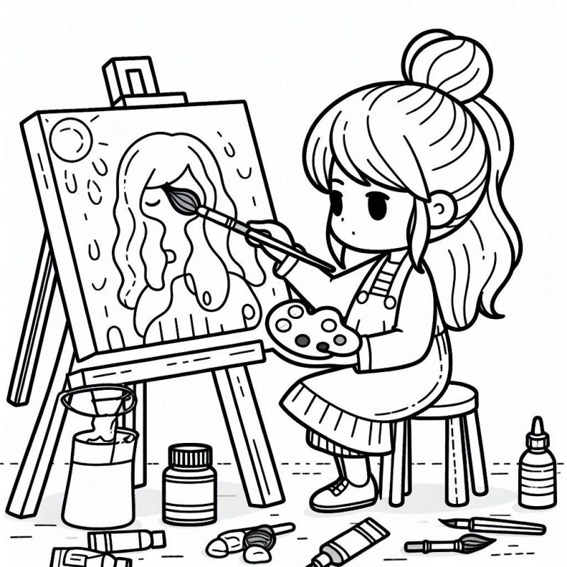 Desenho de menina chibi pintando em um cavalete para colorir