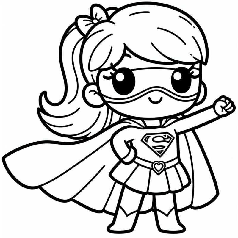 Desenho para colorir de menina com traje de super-heroína, sorriso no rosto, rabo de cavalo e capa esvoaçante.