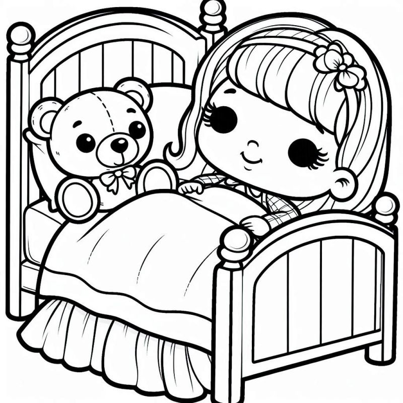 Desenho da Menina com Urso de Pelúcia na Cama para Colorir