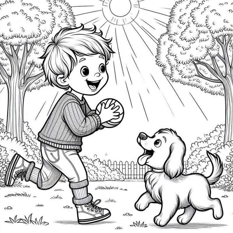 Desenho para colorir de um menino brincando com seu cachorro em um parque