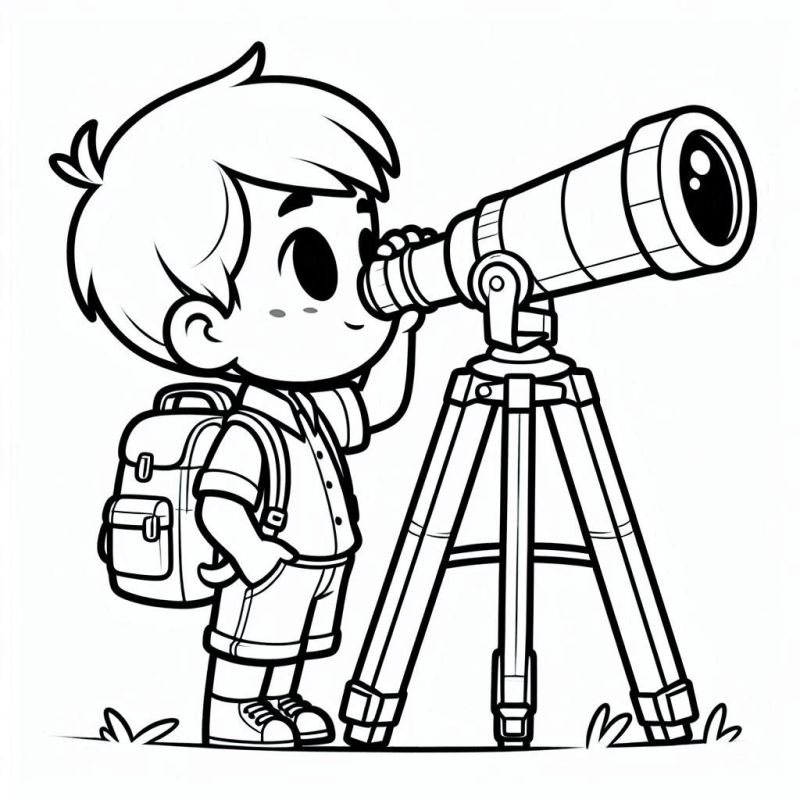 Desenho de menino observando o céu com telescópio para colorir