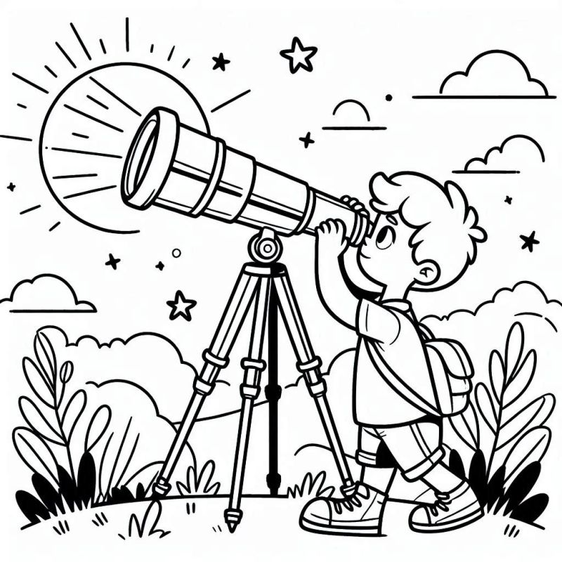 Desenho de um menino explorando o céu noturno com um telescópio para colorir