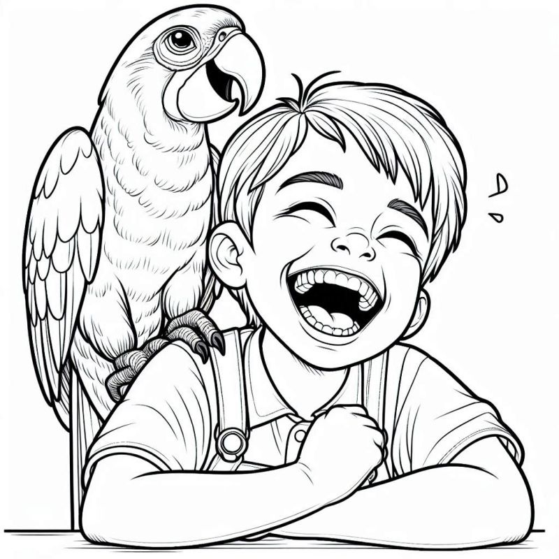 Desenho para Colorir: Menino e Papagaio em Momento Alegre